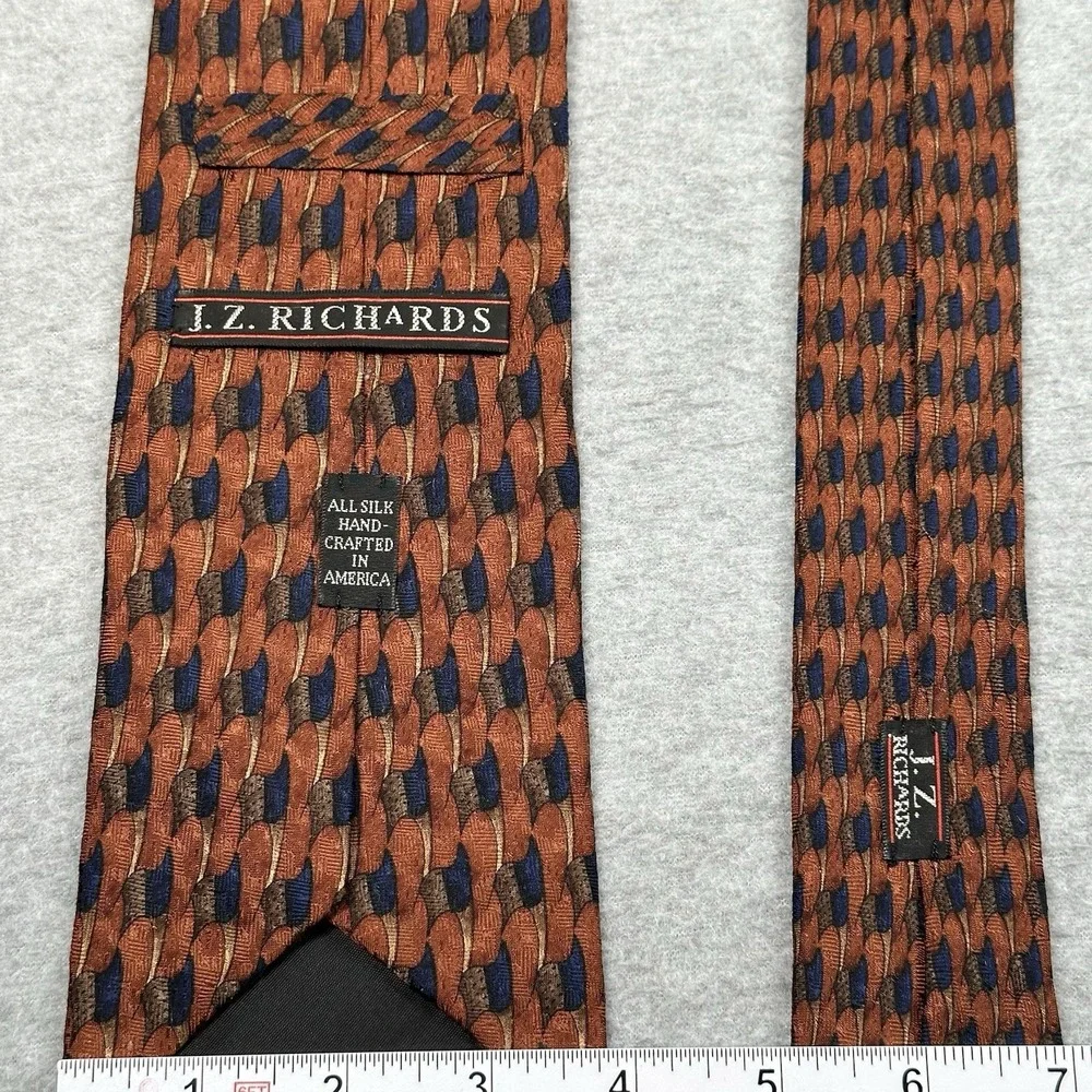 JZ‎ Richards Necktie Orange Black Geometric Pattern 100% Silk Handmade USA